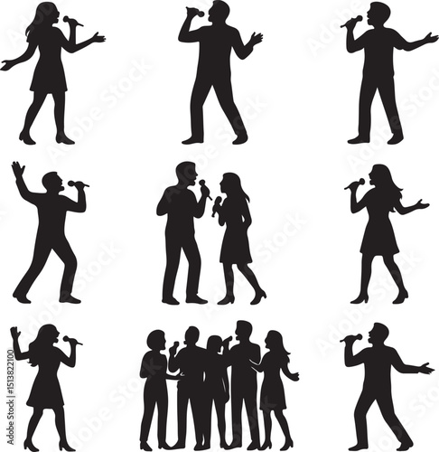 Singing Silhouette Vector Set – Diverse Group Singing & Musical Performance Icons

