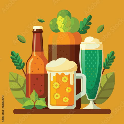 Colorful beer illustration featuring bottles glasses mugs and hops on a warm background