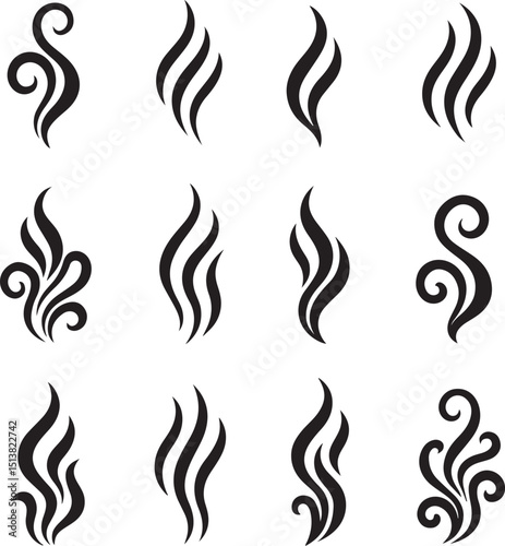Smoke Swirl Icon Vector Set – Abstract Steam Symbols with Curved Lines for Heat, Vapor & Decorative Design