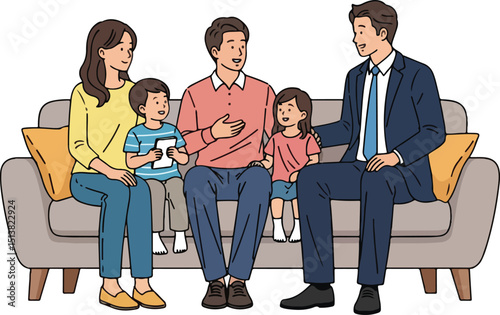 a family gathering scene, isolated on a white background, featuring a family on a comfortable couch in a living room