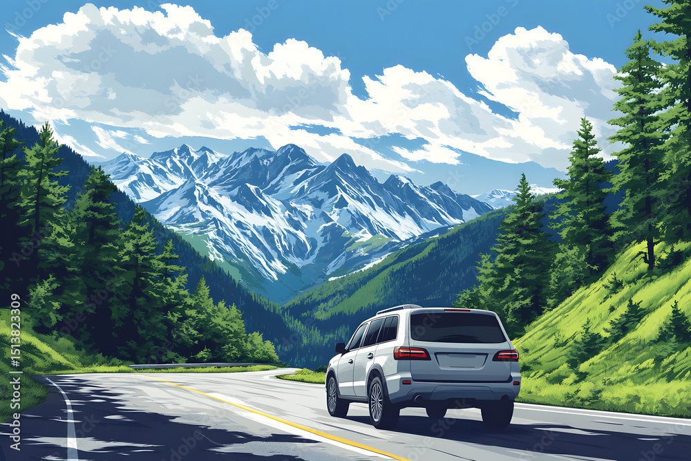 A white SUV driving on the highway, with green mountains in front of it, white clouds floating above the mountain peaks, and green trees along both sides of the road. A white SUV driving on the highway, with green mountains in front of it, white clouds floating above the mountain peaks, and green trees along both sides of the road.