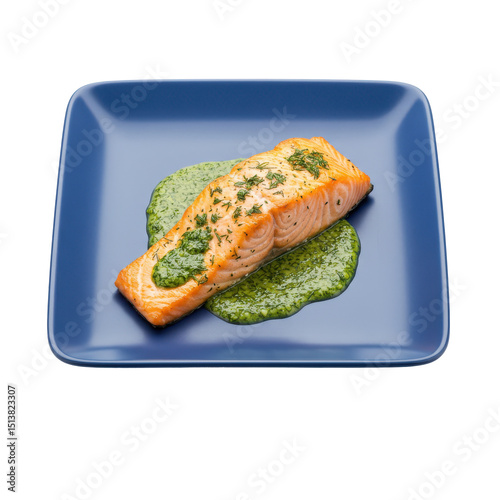 Grilled salmon fillet served on a blue plate with green herb sauce, ideal for culinary showcases photo