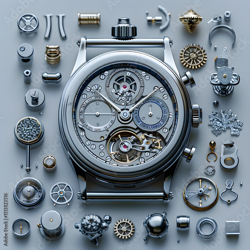 Detailed view of 3d-printed mechanical watch components detailed textures for stock usage