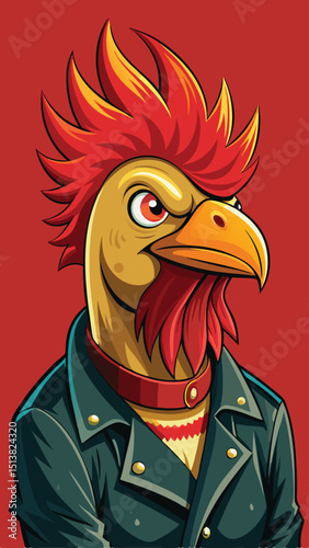 Cool rooster character wearing a leather jacket with stylish spiked red hair and a determined look