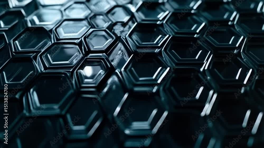 Close up of a dark blue metallic surface with a pattern of raised hexagonal shapes filling frame background texture video