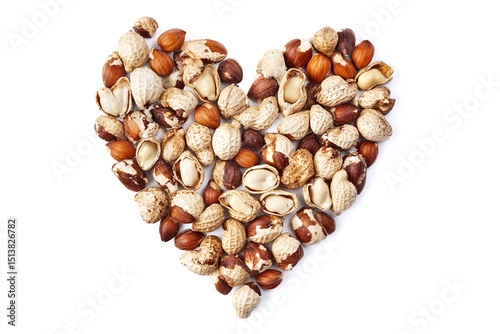 Heart-shaped arrangement of peanuts and almonds on white background healthy snack food nutrition love concept