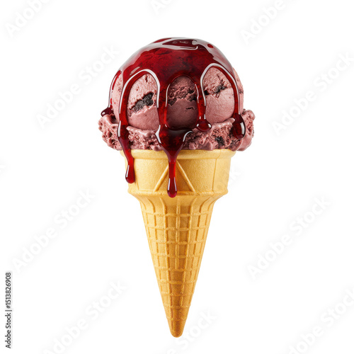 Delicious ice cream cone with chocolate and raspberry sauce against a plain background
