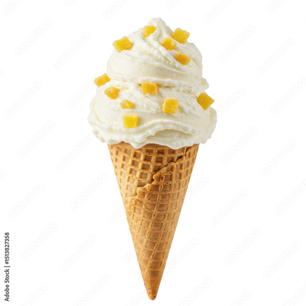 Delicious ice cream cone topped with creamy whipped cream and mango pieces Delicious ice cream cone topped with creamy whipped cream and mango pieces
