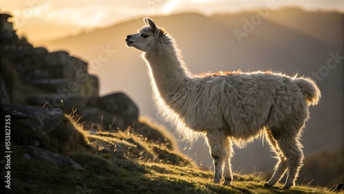 Majestic Llama Silhouetted Against a Vibrant Sunset, High in the Andes Mountains. Golden Hour Light Bathes its Fluffy Coat.
