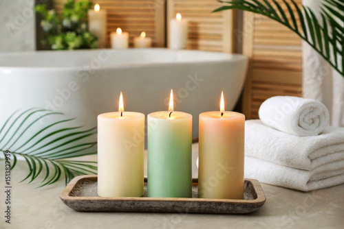 Three lit candles in soft colors on a tray, surrounded by towels and green leaves. A serene bathroom setting with a bathtub in the background.
