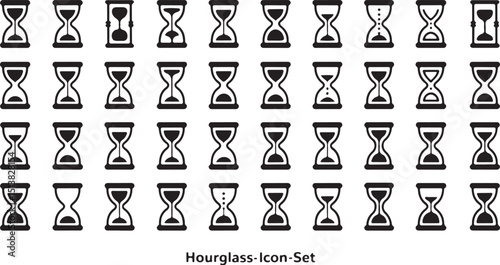 High quality hourglass icon design set featuring a single detailed hourglass graphic in various color options utilizing helvetica and courier fonts