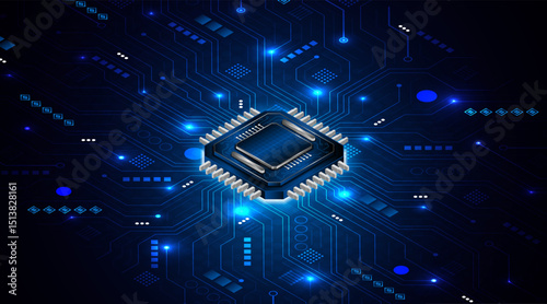 Microchip processor circuit board technology on dark blue background. Information Processing Concept. Circuit board hi-tech technology background. vector illustration	