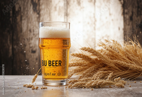 Golden beer glass with wheat. Ideal for brewery ads, beer packaging, pub menu designs, and Oktoberfest-themed creative projects