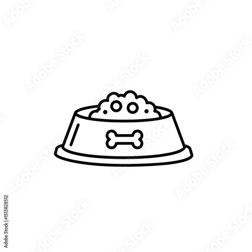 Dog food bowl filled with kibble and bone design in outline style  