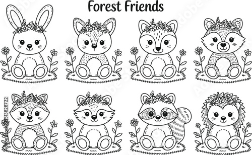 Cute forest animal outlines featuring rabbit fox raccoon and other wild friends
