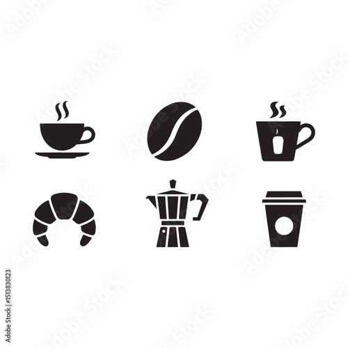 Flat Vector Coffee Icons Set on Black Background Breakfast Drink Croissant Espresso Bean Moka Pot Takeaway Cup