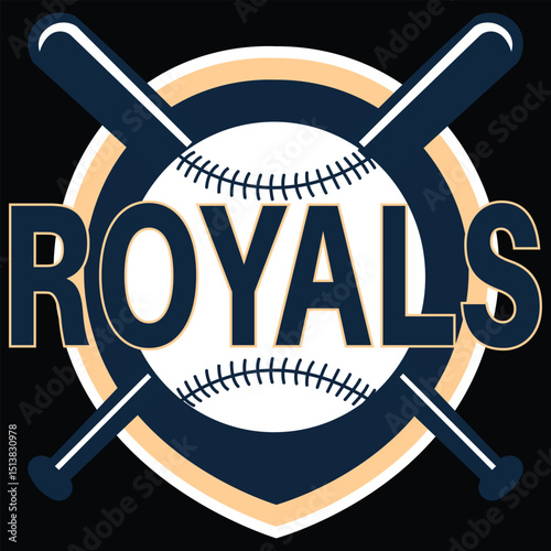 Baseball team logo with crossed bats and ball, Royals text in vector emblem