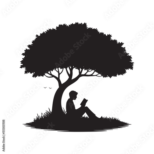 Peaceful Silhouette of Person Reading Under a Tree on Black Background for Education and Relaxation Themed Designs
