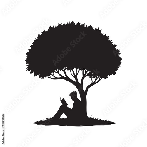 Peaceful Silhouette of Person Reading Under a Tree on Black Background for Education and Relaxation Themed Designs