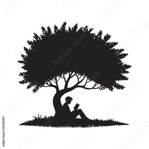Peaceful Silhouette of Person Reading Under a Tree on Black Background for Education and Relaxation Themed Designs