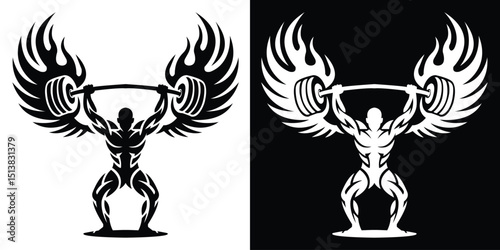Abstract winged trophy silhouette with muscular figure, symmetrical black vector graphic, gym logo