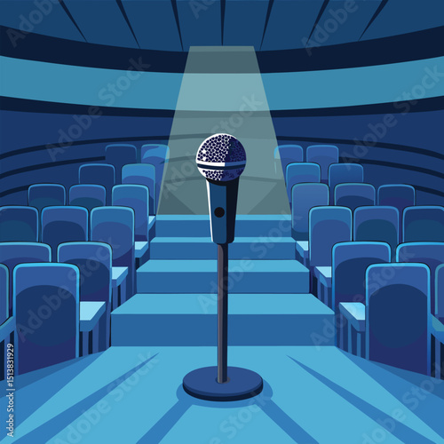 Illustration of a microphone in an empty theater stage with seats under the spotlight.