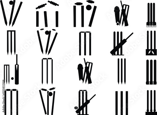 Cricket wicket icon set . trendy flat and line styles. Cricket game vector isolated on transparent background. cricket tournament wicket out elements template. vintage for clubs and team. Sports sign