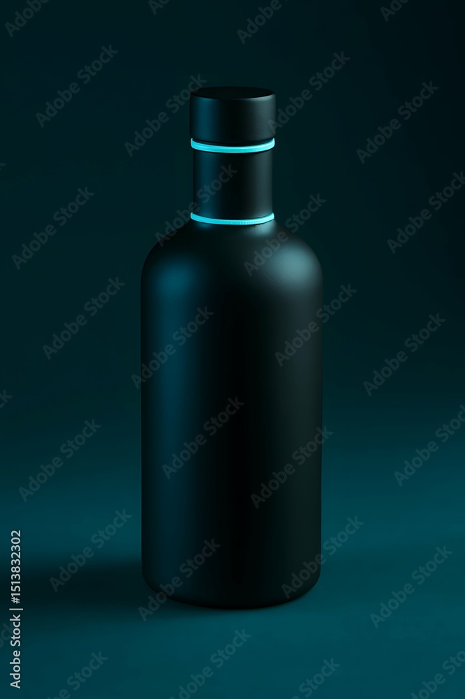 Minimalist Black Matte Bottle with Futuristic Blue Glow on Dark Background – 3D Render Minimalist Black Matte Bottle with Futuristic Blue Glow on Dark Background – 3D Render