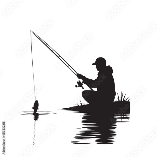 Silhouette Illustration of Angler Fishing on Riverbank with Rod and Fish Catching, Outdoor Recreation Vector Graphic