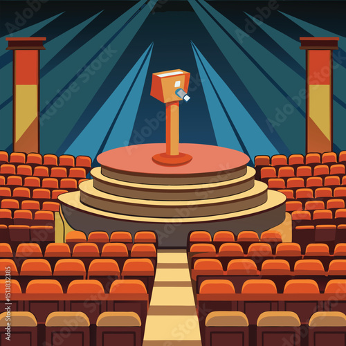 Illustration of an empty theater stage with microphone and audience seating ready for a performance