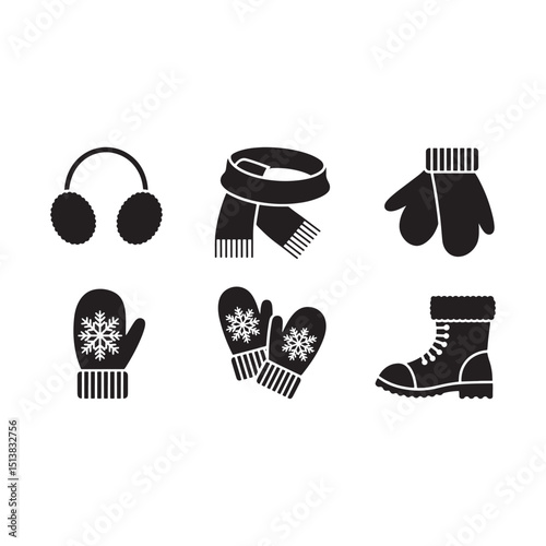 Silhouette Winter Apparel Icons Set on Black Background Warm Accessories for Cold Weather Season Clothing and Footwear