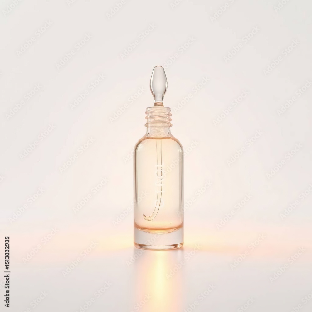 Naklejka premium Clear glass dropper bottle, subtly lit, against a bright background