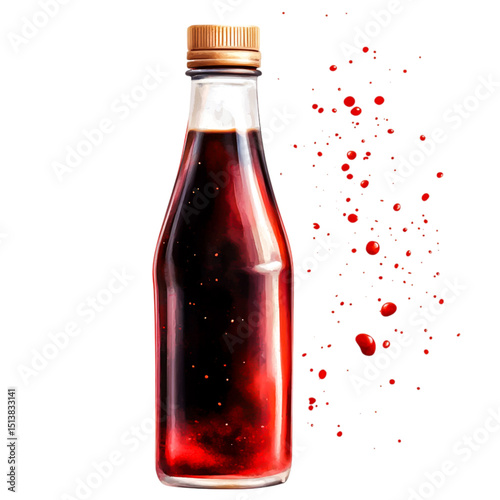 Glass Bottle with Dark Liquid and Splashes on a Transparent Background