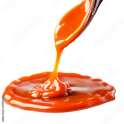 Delicious Red Sauce Dripping from Spoon onto Glossy Surface, Perfect for Food Photography