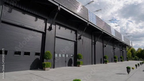 Modern industrial facility exterior with greenery under cloudy sky architecture and urban design concept