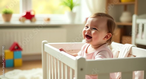 baby girl sitting crib big smile face surrounded cloth toys objects floor
