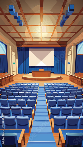 Interior illustration of an empty auditorium with blue chairs and projector screen