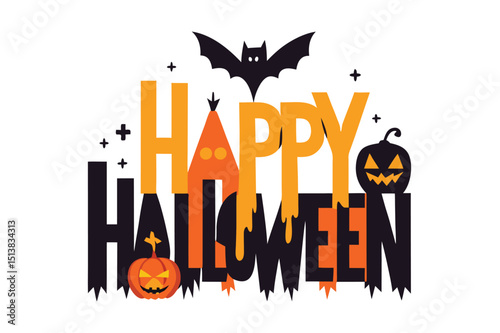 Happy Halloween vector illustration lettering. Handwritten calligraphy with spider web and bats for greeting cards, posters, banners, flyers and invitations. Happy Halloween text, holiday background
