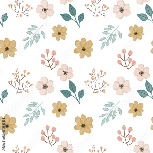 Boho cute watercolour seamless pattern with flowers, leaves. Fabric tissue 