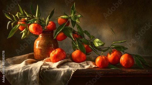Fresh Tangerines with Green Leaves on Rustic Wooden Table
