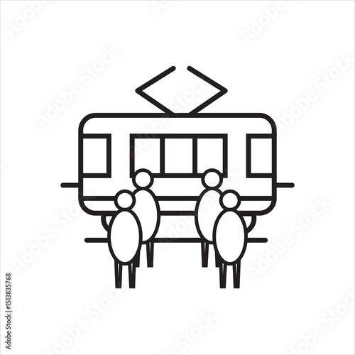 Minimalist line art of people boarding a commuter line or electric train, representing public transportation