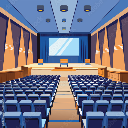Interior view of an empty auditorium with stage ready for a presentation or event