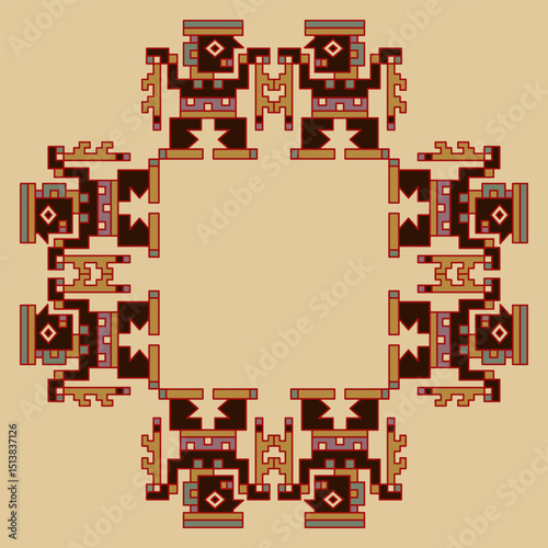 Geometrical square ethnic frame with stylized human figurines. Indigenous Native American design of ancient Peru. Wari or Huari culture. 
