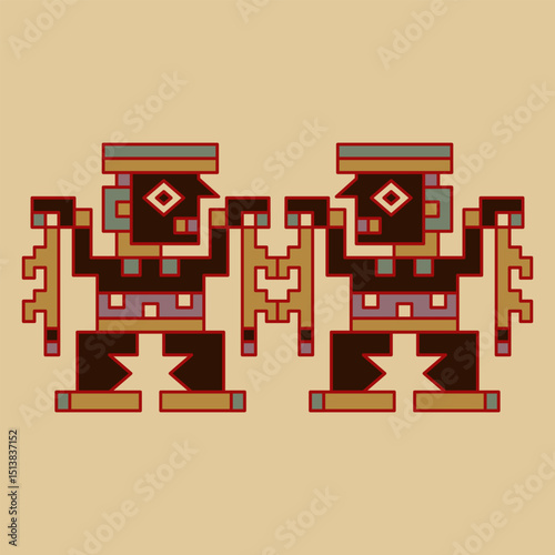 Symmetrical ethnic design with two stylized human figurines. Indigenous Native American art of ancient Peru from Wari or Huari textile.