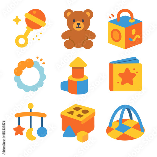 Colorful baby toys for development, play, and learning. Perfect for baby product ads, parenting blogs, and childcare resources