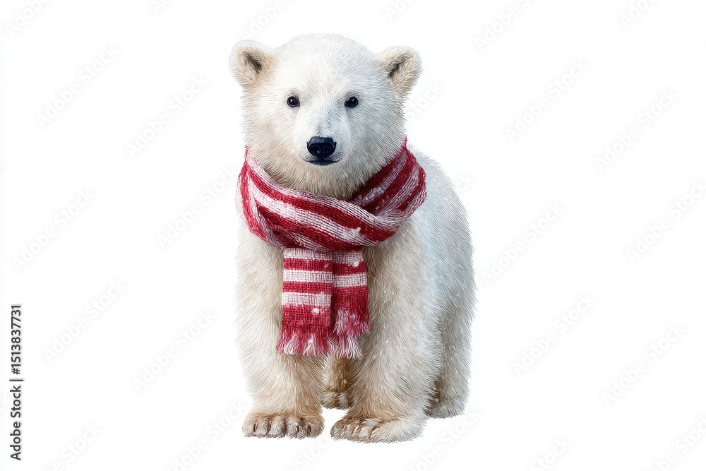 Obraz premium Adorable polar bear cub in red scarf isolated on white background