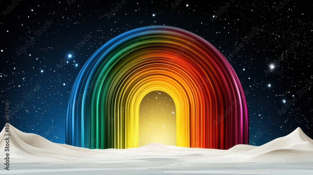 Fototapeta premium Vibrant rainbow arching over a snowy landscape under a starry night sky. Pixelated rainbow effect, bright colors, and soft snow create a magical, dreamy atmosphere.