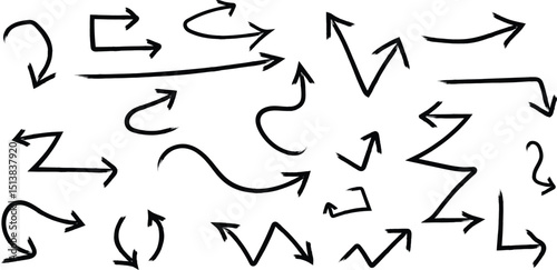 Hand drawn arrow icons in various directional, curved, zigzag and straight vectors