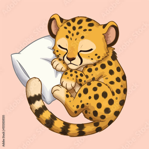 A cartoon cheetah cub with black spots is sleeping on a white pillow on a pink background.