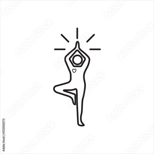 Minimal line art of a person doing tree pose with heart and radiant lines, symbolizing balance and mindfulness.
